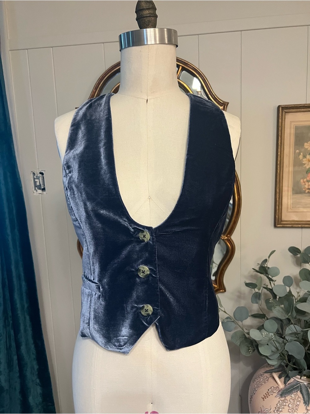 Free People Women's Navy Velvet Vest - Classic Button Front